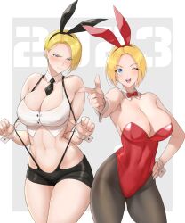 Rule 34 | 2023, 2girls, anagumasan, animal ears, bare shoulders, blonde hair, blue mary, blush, bow, bowtie, breasts, cleavage, contrapposto, covered erect nipples, covered navel, cowboy shot, crop top, detached collar, embarrassed, fake animal ears, fatal fury, finger gun, highres, king (snk), large breasts, leotard, looking at viewer, midriff, multiple girls, necktie, new year, one eye closed, pantyhose, playboy bunny, pointing, pointing at viewer, rabbit ears, red leotard, shorts, strap pull, suspender shorts, suspenders, the king of fighters, wrist cuffs