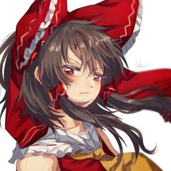 Rule 34 | 1girl, bare shoulders, bow, brown hair, closed mouth, dress, hair between eyes, hair tubes, hakurei reimu, highres, looking at viewer, md5 mismatch, medium hair, red bow, red dress, red eyes, signature, simple background, solo, touhou, uchisaki himari, white background, yellow neckwear