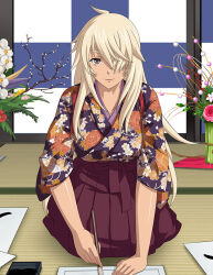 Rule 34 | 1girl, brown eyes, calligraphy brush, closed mouth, collarbone, floral print, flower, hair over one eye, hakama, ikkitousen, japanese clothes, kimono, kneeling, long hair, looking at viewer, musashibou benkei (ikkitousen), paintbrush, pink flower, print kimono, purple hakama, purple kimono, shiny skin, sitting, smile, solo, straight hair, very long hair, white flower, white hair