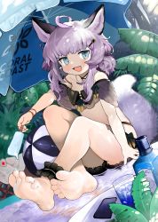 Rule 34 | 1girl, absurdres, ahoge, animal ear fluff, animal ears, ankle garter, arknights, barefoot, blue eyes, blush, breasts, crop top, dripping, fang, feet, food, foot focus, hair ornament, hairpin, highres, jewelry, looking at viewer, medium hair, menthako, necklace, off shoulder, official alternate costume, open mouth, popsicle, purple hair, sitting, small breasts, soles, solo, sussurro (arknights), tail, toes, umbrella