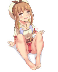 Rule 34 | 1girl, atelier (series), atelier ryza, barefoot, blush, brown eyes, brown hair, conejologia, feet, hat, highres, long hair, looking at viewer, reisalin stout, shorts, smile, solo, sweatdrop, toes, white background