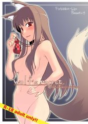 Rule 34 | 00s, 1girl, animal ears, armpits, breasts, censored, convenient censoring, from side, hair censor, hair over breasts, hand on own hip, holo, jewelry, looking at viewer, medium breasts, nipples, nude, pendant, ryo (liver sashi daisuki!), smile, solo, spice and wolf, tail, wolf ears, wolf tail