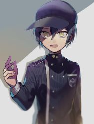 Rule 34 | 1boy, :d, ahoge, arm at side, baseball cap, black hair, black hat, black jacket, commentary request, danganronpa (series), danganronpa v3: killing harmony, gakuran, hair between eyes, hand up, hat, highres, huyuharu0214, jacket, male focus, multicolored clothes, multicolored jacket, open mouth, saihara shuichi, school uniform, signature, smile, solo, striped clothes, striped jacket, yellow eyes