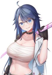 Rule 34 | 1girl, absurdres, ahoge, bandages, black-framed eyewear, black choker, black gloves, blue eyes, blue hair, breasts, chest sarashi, choker, cleavage, collarbone, commentary request, glasses, gloves, grin, hand up, head tilt, highres, holding, holding sword, holding weapon, indie virtual youtuber, jacket, katana, kson, large breasts, long hair, looking at viewer, midriff, monkey1468, navel, open clothes, open jacket, over shoulder, sarashi, simple background, smile, solo, souchou, stomach, strapless, sword, transparent background, tube top, upper body, very long hair, virtual youtuber, weapon, weapon over shoulder, white background, white jacket