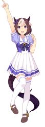 Rule 34 | 1girl, :d, animal ears, arm up, blouse, brown footwear, full body, horse ears, horse girl, horse tail, index finger raised, multicolored hair, official art, open mouth, pleated skirt, purple eyes, purple shirt, school uniform, serafuku, shirt, skirt, smile, solo, special week (umamusume), standing, tail, thighhighs, transparent background, two-tone hair, umamusume, white skirt, white thighhighs, zettai ryouiki