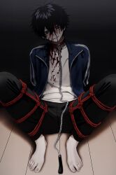 Rule 34 | 1boy, absurdres, arms behind back, bags under eyes, barefoot, bdsm, black hair, black pants, blood, blood on clothes, blood on face, blue jacket, blush, bondage, bound, bound legs, chain, chain leash, hair between eyes, highres, imai akira, jacket, leash, long sleeves, looking at viewer, male focus, on floor, open clothes, original, pants, parted lips, red rope, rope, shirt, sitting, solo, sweat