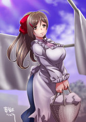 Rule 34 | 10s, 1girl, ahoge, apron, artist name, basket, bed sheet, blurry, blurry background, bow, breasts, breasts squeezed together, brown eyes, brown hair, clothesline, cloud, cowboy shot, hair bow, hair ornament, hair ribbon, hairclip, kantai collection, kappougi, large breasts, long hair, looking at viewer, looking to the side, mamiya (kancolle), outdoors, parted lips, ponytail, red bow, ribbon, shungikuten, sky, solo, standing