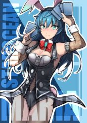 Rule 34 | 1girl, absurdres, animal ears, bare shoulders, black hairband, black leotard, blue hair, blush, bow, bowtie, breasts, buttons, card, cleavage, closed mouth, detached sleeves, fake animal ears, fishnet pantyhose, fishnets, hairband, hands up, highleg, highleg leotard, highres, leotard, long hair, looking at viewer, maria traydor, navel, pantyhose, playboy bunny, rabbit ears, solo, star ocean, star ocean anamnesis, star ocean till the end of time, vest, wrist cuffs