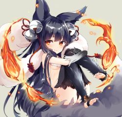 Rule 34 | 10s, 1girl, animal ears, barefoot, bell, blush, breasts, erune, feet, fire, fox ears, fox tail, fur, gloves, granblue fantasy, hair bell, hair ornament, jingle bell, kedama milk, long hair, looking at viewer, red eyes, simple background, small breasts, smile, soles, solo, tail, thighhighs, toeless legwear, toes, yuel (granblue fantasy)