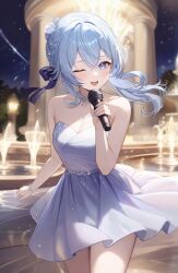 Rule 34 | 1girl, aria (ariacue), bare shoulders, blue eyes, blue hair, breasts, cleavage, dress, highres, hololive, hoshimachi suisei, one eye closed, open mouth, short hair, smile, solo, strapless, strapless dress, virtual youtuber