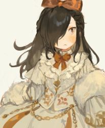 Rule 34 | 1boy, black hair, blush, bow, brown eyes, child, crossdressing, dress, frills, fur trim, hair over one eye, hair ribbon, kuzuvine, long hair, natsuki subaru, natsumi schwarz, re:zero kara hajimeru isekai seikatsu, ribbon, trap, white dress