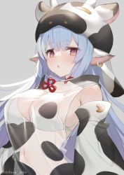 Rule 34 | 1girl, animal ears, animal print, bikini, bikini top only, blue background, blue hair, blush, breasts, catura (granblue fantasy), cleavage, commentary, cow ears, cow girl, cow hat, cow print, detached sleeves, granblue fantasy, large breasts, light blue hair, long hair, looking at viewer, narusegawa riko, navel, open mouth, purple eyes, see-through, simple background, solo, swimsuit, symbol-only commentary, twitter username, upper body, white bikini