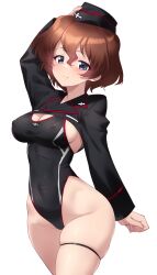 Rule 34 | 1girl, akaboshi koume, black one-piece swimsuit, blue eyes, blush, breasts, brown hair, cleavage, closed mouth, covered navel, girls und panzer, hat, highres, kuromorimine military uniform, kuzuryuu kennosuke, large breasts, looking at viewer, military hat, military uniform, one-piece swimsuit, short hair, simple background, smile, solo, swimsuit, thigh strap, uniform, white background