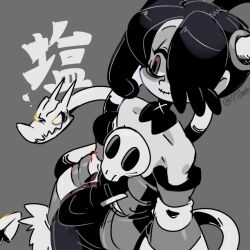 Rule 34 | 1girl, 770mk, detached collar, detached sleeves, dress, grey background, greyscale, hair over one eye, japanese text, monochrome, side ponytail, skullgirls, smile, solo, squigly (skullgirls), stitched mouth, stitches, striped sleeves