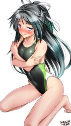 Rule 34 | 1girl, artist name, black hair, blue eyes, blush, collarbone, competition swimsuit, covering privates, covering breasts, embarrassed, flat chest, green one-piece swimsuit, hair ribbon, high ponytail, highres, kantai collection, katsuragi (kancolle), long hair, looking at viewer, one-piece swimsuit, ponytail, ribbon, simple background, sitting, solo, swimsuit, tears, tsuchimiya, wariza, wavy mouth, white background