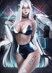 Rule 34 | 1girl, blue eyes, breasts, cleavage, donyta, game console, large breasts, logo, long hair, original, parted lips, personification, playstation 5, playstation controller, short shorts, shorts, white hair