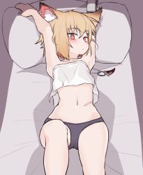 Rule 34 | 1girl, animal ear fluff, animal ears, arknights, arms up, blonde hair, blush, dusonson, fingerless gloves, fox ears, fox girl, fox tail, gloves, hair ornament, hairclip, looking at viewer, lying, medium hair, navel, notched ear, on back, on bed, pillow, pillow grab, prosthesis, prosthetic arm, scar, simple background, solo, tail, vermeil (arknights), white background, yellow eyes