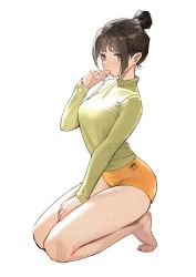 Rule 34 | 1girl, barefoot, breasts, brown eyes, brown hair, chinese commentary, commentary request, fingernails, from side, full body, green shirt, hair bun, han-0v0, highres, legs, long sleeves, looking at viewer, medium hair, orange shorts, original, shirt, short shorts, shorts, simple background, sitting, solo, turtleneck, white background