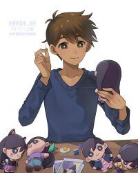 Rule 34 | 1boy, antenna hair, blue sweater, bright pupils, brown eyes, brown hair, character doll, chromatic aberration, closed mouth, collarbone, commentary, dark-skinned male, dark skin, english commentary, fingernails, hair behind ear, hair between eyes, hero (faraway) (omori), hero (omori), highres, long sleeves, looking at doll, mari (faraway) (omori), mari (omori), maromichan, omori, photo (object), sewing, short hair, simple background, smile, solo, sweater, table, twitter username, upper body, white background, white pupils