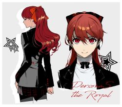 Rule 34 | 1girl, black jacket, blazer, bow, brown eyes, closed mouth, english text, hair bow, jacket, long hair, looking at viewer, multiple views, pantyhose, persona, persona 5, persona 5 the royal, ponytail, poti, red bow, red hair, school uniform, shuujin academy school uniform, simple background, smile, twitter username, upper body, yoshizawa kasumi