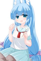 Rule 34 | 1girl, animal ear fluff, animal ears, blue eyes, blue hair, blue sailor collar, blue skirt, bow, breasts, brown pantyhose, collarbone, commentary request, fox ears, fox girl, fox tail, hair bow, highres, holding, kanijiru, long hair, looking at viewer, low twintails, medium breasts, mimikaki, original, pantyhose, parted lips, pink bow, pleated skirt, sailor collar, shirt, simple background, skirt, smile, solo, tail, twintails, very long hair, white background, white shirt