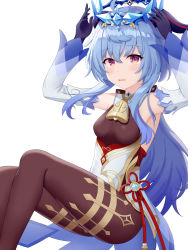 Rule 34 | armpits, arms up, bare shoulders, bell, black gloves, black legwear, blue hair, blush, breasts, chinese knot, circlet, detached sleeves, flower knot, ganyu (genshin impact), genshin impact, gloves, gold trim, highres, horns, long hair, medium breasts, meifu (meowmere), neck bell, open mouth, purple eyes, sidelocks, sitting, solo, thighlet, thighs, very long hair, vision (genshin impact), wavy mouth, white background, white sleeves