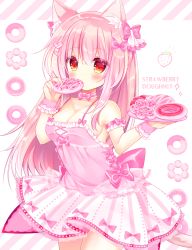 Rule 34 | 1girl, animal ear fluff, animal ears, bare shoulders, blush, bow, breasts, camisole, cat ears, cat girl, cat tail, cleavage, collarbone, commentary request, covered mouth, diagonal stripes, doughnut, english text, food, hair between eyes, hair bow, hair ornament, hands up, heart, heart hair ornament, holding, holding food, holding tray, long hair, looking at viewer, medium breasts, original, pink bow, pink camisole, pink hair, red eyes, shikito (yawa0w0), skirt, solo, striped, striped background, tail, tray, very long hair, white background, white skirt, wrist cuffs