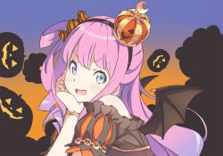Rule 34 | 1girl, alternate costume, bat wings, blush, crown, fang, halloween costume, hand on own cheek, hand on own face, headband, heterochromia, himemori luna, himemori luna (1st costume), hololive, kanzaki hiro, long hair, looking at viewer, open mouth, pink hair, portrait, pumpkin background, solo, virtual youtuber, wings