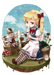 Rule 34 | ahoge, alice (alice in wonderland), alice in wonderland, apron, blonde hair, blue eyes, book, bow, card, card on hat, coffee, cup, fence, flower, grass, hat, long hair, mary janes, mushroom, pantyhose, pocket watch, ribbon, rose, shoes, sitting, striped clothes, striped legwear, striped pantyhose, thighhighs, top hat, twintails, watch, white rabbit (alice in wonderland), yukiu con