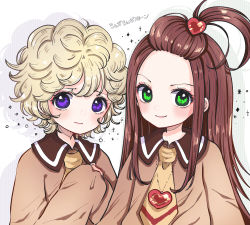 Rule 34 | 2girls, absurdres, bangs pinned back, blonde hair, blush, brown hair, chanon, chocolat meilleure, curly hair, frown, green eyes, hair ornament, hands up, heart, heart hair ornament, heart necklace, highres, jewelry, long hair, long sleeves, looking at viewer, looking away, multiple girls, necklace, necktie, nervous, own hands together, ponytail, purple eyes, school uniform, short hair, sleeves past wrists, smile, sugar sugar rune, translation request, vanilla mieux