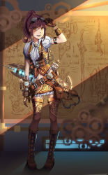 Rule 34 | 1girl, absurdres, arm strap, belt, belt pouch, boots, brown footwear, brown gloves, brown hair, crack of light, cross-laced footwear, full body, gauge, gears, german text, gloves, goggles, goggles on head, hand on goggles, highres, light rays, medallion, navel, open mouth, original, pouch, ranguage, sakimeikun-daze, solo, steampunk, sunbeam, sunlight, utility belt, weapon, yellow eyes