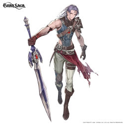 Rule 34 | 2021, absurdres, arm at side, boots, company name, copyright notice, gloves, gran saga, highres, holding, holding sword, holding weapon, medium hair, official art, pants, purple hair, red eyes, shirt, simple background, sisiyong, standing, sword, weapon, white background