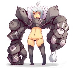 Rule 34 | 1girl, :d, ahoge, alternate costume, alternate eye color, bad id, bad pixiv id, black panties, black thighhighs, full body, groin, looking at viewer, mechanical arms, navel, open mouth, original, panties, pink eyes, short hair, simple background, smile, solo, standing, thighhighs, underwear, white background, white hair, zako (arvinry)