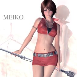 Rule 34 | 1girl, 3d, belt, breasts, brown eyes, brown hair, cleavage, crop top, hinemaru, meiko (vocaloid), microphone, microphone stand, midriff, navel, pencil skirt, reflection, skirt, solo, vocaloid