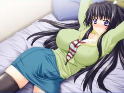 Rule 34 | 1girl, arms up, bed, black thighhighs, blush, breasts, covered erect nipples, embarrassed, game cg, huge breasts, indoors, large breasts, long hair, lying, on back, pillow, pururun cafe, shirt, skirt, solo, striped clothes, striped shirt, sumeragi kohaku, takeuchi narumi, thighhighs, unzipped, zettai ryouiki, zipper