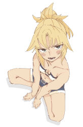 Rule 34 | 1girl, bandeau, blonde hair, blush, breasts, denim, denim shorts, fate/apocrypha, fate (series), from above, green eyes, highres, looking at viewer, mordred (fate), mordred (fate/apocrypha), mordred (memories at trifas) (fate), open mouth, ponytail, short shorts, shorts, simple background, sitting, sketch, small breasts, solo, teeth, tenoo12, white background