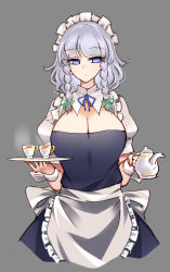 Rule 34 | 1girl, apron, black tea, blue dress, blue eyes, blue ribbon, braid, breasts, cleavage, closed mouth, commentary, cowboy shot, cropped torso, cup, dress, frilled apron, frills, green ribbon, grey background, hair ribbon, highres, holding, holding teapot, holding tray, izayoi sakuya, large breasts, maid, maid apron, maid headdress, neck ribbon, puffy short sleeves, puffy sleeves, raptor7, ribbon, short hair, short sleeves, silver hair, simple background, solo, straight-on, symbol-only commentary, tea, teacup, teapot, touhou, tray, tress ribbon, twin braids, upper body, waist apron, white apron