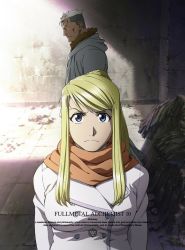 Rule 34 | 1boy, 1girl, blonde hair, blue eyes, breasts, closed mouth, coat, copyright name, dark skin, english text, fullmetal alchemist, grey hoodie, hood, hoodie, indoors, large breasts, long hair, looking at viewer, official art, orange scarf, ponytail, red eyes, scar (fma), scarf, serious, short hair, standing, sunlight, text focus, upper body, white coat, white hair, winry rockbell
