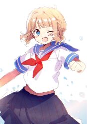 Rule 34 | 1girl, ahoge, blue eyes, blue sailor collar, blue skirt, blush stickers, brown hair, clenched hand, commentary, hand up, highres, idolmaster, idolmaster million live!, looking at viewer, medium hair, neckerchief, one eye closed, open mouth, pleated skirt, red neckerchief, sailor collar, school uniform, serafuku, shirt, short sleeves, sidelocks, skirt, smile, solo, suou momoko, toro (shiro), wavy hair, white background, white shirt