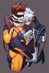 Rule 34 | 2boys, ass, beard, black hair, blindfold, blue bodysuit, bodysuit, boku no hero academia, bound, bound wrists, covered erect nipples, cropped legs, dabi (boku no hero academia), endeavor (boku no hero academia), evil smile, facial hair, father and son, highres, koooogasya, large pectorals, male focus, mature male, multiple boys, muscular, muscular male, pectorals, sexually suggestive, short hair, sideburns, sign, smile, spiked hair, spoilers, thick thighs, thighs, translation request, white hair