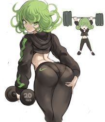 Rule 34 | 1girl, alternate costume, ass, ass grab, ass support, barbell, chibi, chibi inset, deep skin, exercising, fantasy, female focus, floating, floating object, from behind, glowing, green eyes, green hair, hand on own ass, highres, hood, hood down, leggings, levitation, looking at viewer, looking back, magic, matching hair/eyes, midriff, navel, one-punch man, paid reward available, pants, pantylines, psychic, rakeemspoon, shiny clothes, short hair, smile, solo, tatsumaki, telekinesis, yoga pants