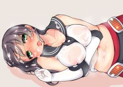 Rule 34 | 10s, 1girl, agano (kancolle), aqua hair, black hair, breasts, covered erect nipples, cum, cum in mouth, cum on body, cum on stomach, gloves, green eyes, kantai collection, large breasts, lying, midriff, navel, nipples, on side, sacha, school uniform, see-through, serafuku, solo