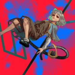 Rule 34 | 1girl, animal ears, black footwear, blue capelet, brown dress, capelet, dress, grey hair, inishie kumo, long sleeves, looking at viewer, mouse (animal), mouse ears, mouse tail, nazrin, prehensile tail, red eyes, shirt, shoes, short hair, socks, solo, tail, touhou, white shirt, white socks
