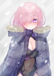 Rule 34 | 1girl, absurdres, black gloves, black leotard, blush, breasts, cleavage, cleavage cutout, clothing cutout, coat, covered navel, fate/grand order, fate (series), gloves, hair over one eye, harukappa, highres, hood, hooded coat, leotard, long hair, looking at viewer, mash kyrielight, medium breasts, open clothes, open coat, outdoors, parted lips, pink eyes, pink hair, purple coat, snowing, solo, standing, straight hair, symbol-shaped pupils, white background