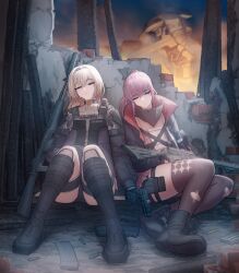 Rule 34 | 2girls, absurdres, an-94, an-94 (girls&#039; frontline), an-94 (mod3) (girls&#039; frontline), ar-15, assault rifle, black gloves, blonde hair, boots, cheogtanbyeong, closed eyes, commentary request, dress, full body, girls&#039; frontline, gloves, gun, handgun, highres, holding, holding gun, holding weapon, jacket, korean commentary, legs up, magazine (weapon), mod3 (girls&#039; frontline), mp-443 grach, multiple girls, open mouth, pink dress, pink hair, ponytail, rifle, ruins, shell casing, sitting, st ar-15 (girls&#039; frontline), st ar-15 (mod3) (girls&#039; frontline), suppressor, thighhighs, torn clothes, torn thighhighs, weapon