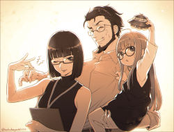 Rule 34 | 1boy, 2girls, aged down, ahoge, bare arms, beard, blunt bangs, bob cut, child, clipboard, closed eyes, closed mouth, collared shirt, dress, dress shirt, facial hair, father and daughter, glasses, hime cut, isshiki wakaba, lipstick, long hair, makeup, monochrome, mother and daughter, multiple girls, necronomicon (persona 5), nekobayashi (nekoforest), one eye closed, persona, persona 5, pinching, sakura futaba, sakura soujirou, sepia, shirt, short hair, sidelocks, sleeveless, sleeveless shirt, sleeveless turtleneck, turtleneck, twitter username, ufo, wing collar