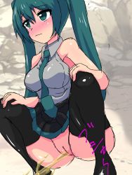 Rule 34 | 1girl, black skirt, black thighhighs, blush, breasts, green eyes, green hair, green necktie, grey shirt, hands on own knees, hatsune miku, highres, large breasts, necktie, niibe, no panties, outdoors, peeing, pussy, rock, shirt, skirt, sleeveless, sleeveless shirt, solo, squatting, thighhighs, uncensored, vocaloid