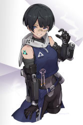 Rule 34 | 1girl, arm cannon, bandaid, bandaid on face, bandaid on nose, black hair, blue eyes, commentary request, cyborg, grin, gun, hood, hood down, jiang1274, mechanical arms, original, purple eyes, science fiction, short hair, simple background, skin tight, sleeveless, smile, smoke, solo, tattoo, weapon