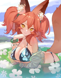 Rule 34 | animal ear fluff, animal ears, bikini, black bikini, blurry, blurry background, bracelet, breasts, commentary, fate/grand order, fate (series), floral print, fox ears, fox tail, highres, innertube, jewelry, large breasts, long hair, looking at viewer, off-shoulder shirt, off shoulder, outdoors, parted lips, paw print, pink hair, seashell bracelet, shirt, solo, string bikini, swim ring, swimsuit, tail, tamamo (fate), tamamo no mae (fate/extra), timbougami, twintails, yellow eyes