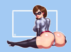 Rule 34 | 1girl, absurdres, adapted costume, anus, anus peek, ass, bodysuit, boots, breasts, brown eyes, brown hair, cameltoe, cleft of venus, curvy, disney, domino mask, elastic, elastigirl, elbow gloves, from behind, gloves, helen parr, highleg, highleg leotard, highres, huge ass, large breasts, leotard, lipstick, looking at viewer, looking back, makeup, mask, naughty face, partially visible anus, partially visible vulva, pixar, riz, sideboob, sitting, the incredibles, thigh boots, thigh grab, thighhighs, thighs, thong leotard, wide hips